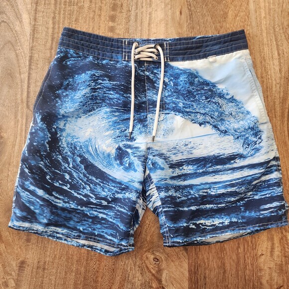 Polo Ralph Lauren Board Shorts Mens 32 Blue Ocean Wave Print Swim Trunks Surf